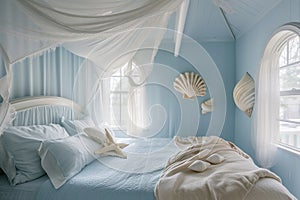 Easter themed, ocean-themed bedroom with light blue walls and a canopy bed. gentle sea breeze from open windows