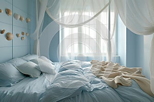 Easter themed, ocean-themed bedroom with light blue walls and a canopy bed. gentle sea breeze from open windows