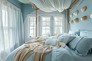 Easter themed, ocean-themed bedroom with light blue walls and a canopy bed. gentle sea breeze from open windows