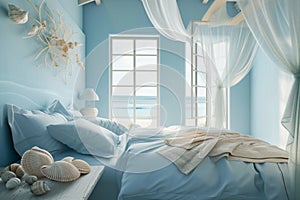 Easter themed, ocean-themed bedroom with light blue walls and a canopy bed. gentle sea breeze from open windows