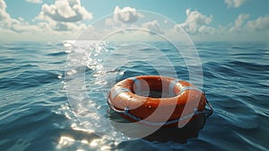 Serene Ocean Waters With Bright Orange Lifebuoy Floating Under Clear Blue Sky