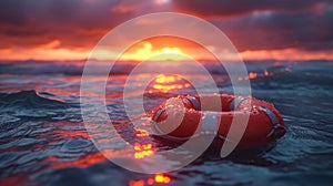 Serene Ocean Waters With Bright Orange Lifebuoy Floating Under Clear Blue Sky