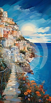 Serene Oceanic Vistas: A Cinquecento Inspired Painting Of A Coastal Village