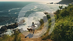 Serene Oceanic Vistas: A Male And His Dog Walking Along The Path To The Cliffs