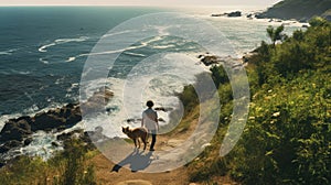 Serene Oceanic Vistas: A Male And His Dog Walking Along The Path To The Cliffs photo