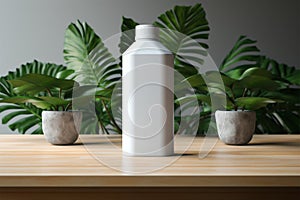 Serene office desk with an empty frame, green branches, potential