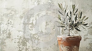 Serene Olive Tree in Terra Cotta Pot Against Textured Wall Background
