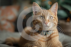 An serene orange tabby cat with yellow eyes lays peacefully on a soft bed