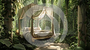 Serene Outdoor Canopy Bed in Lush Forest Setting