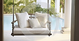 A Serene Outdoor Porch Swing Perfectly Positioned for Reading, Relaxing, or Tea Sipping by a Poolside Terrace