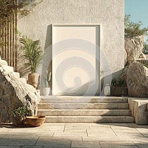 Modern Outdoor Mockup with Blank Frame and Tropical Plants