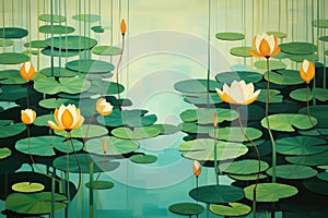 A serene painting of water lilies floating on a calm pond, capturing the beauty of nature, A peaceful scene of abstract lily pads