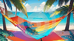 Serene Paradise A Vibrant Beach Hammock Stand Illustration.AI Generated