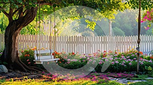 Serene park bench nestled amidst blooming trees and flowers in a picturesque backyard, AI-generated.