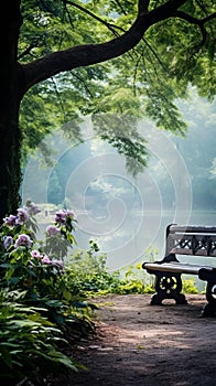 A Serene Park Bench by a Tree