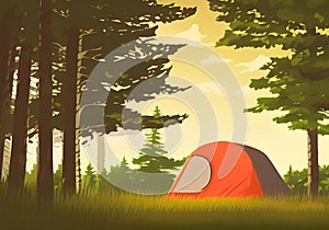 A Serene Park at Dawn: An Idyllic Illustration of Red Tent Camping In the Woods and Lush Grass