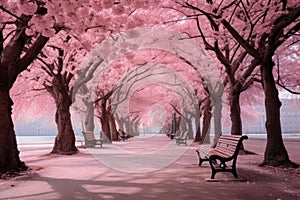 Serene Park pink trees bench. Generate Ai