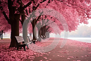 Serene Park pink trees leaves. Generate Ai