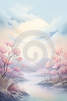 Serene pastel landscape with blossoming trees