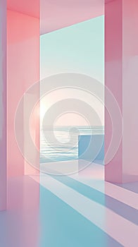 Serene Pastel Sunrise View Through Modern Minimalist Window. Background for Instagram Story, Banner