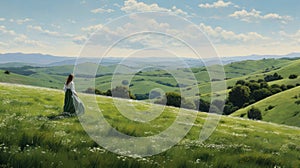Serene Pastoral Scenes: A Delicate Rendering Of A Girl On A Hill