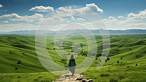 Serene Pastoral Scenes: A Girl Walking Down The Hill On Green Grass