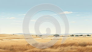 Serene Pastoral Scenes: A Minimalistic Illustration Of A Dry Grass Landscape