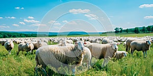 serene pastoral setting with cattle and sheep grazing contentedly on rolling green hills, framed by a clear blue sky