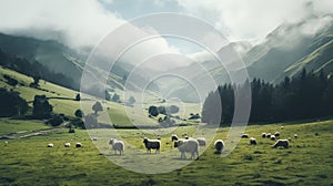 Serene Pastoral Settings: White Mountains And Sheep On A Hill