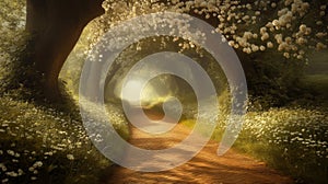 Serene Path Through Blossoming Spring Trees