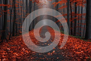 Serene path covered with fallen leaves, flanked by foggy, autumnal trees