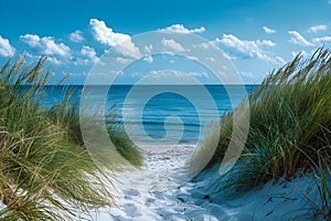 Serene Path to Ocean Bliss: Dunes & Blue Skies. Concept Nature Photography, Coastal Landscape,