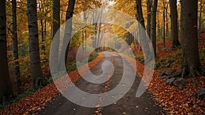 Serene Pathway Through Autumn Forest with Vibrant Foliage and Fallen Leaves