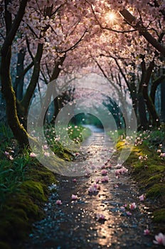 Magical Cherry Blossom Path at Sunset