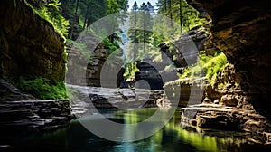 A serene and peaceful scene of a tranquil canyon with a natural bridge that connects the cliffs