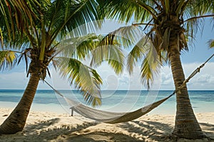 A serene and peaceful setting on a beach, with a hammock suspended between two tall palm trees, A hammock strung between two palm