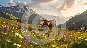 Alpine Serenity: Cows Grazing on Wildflower Meadow with Snow-Capped Peaks. Generative AI