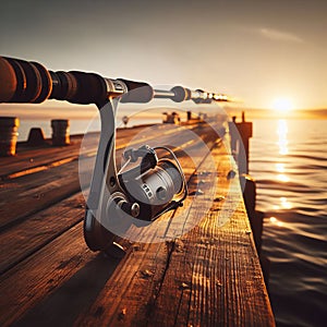 A serene photo of a fishing rod on a wooden pier at sunset, with the sun setting over the horizon and an orange-yellow