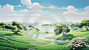 Serene Photorealistic Cartoon Valley Painting With Lake And Trees