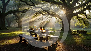 Serene Morning Tea Under Ancient Oak Tree photo
