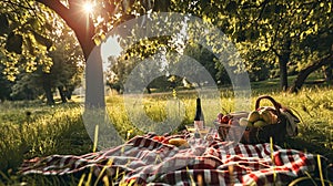 A serene picnic setting under the dappled light of an orchard, with a basket of grapes, wine, and a setting sun casting