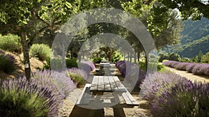 A serene picnic spot nestled between rows of lavender the scent wafting through the air photo