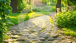 A serene and picturesque cobblestone path in a park, bathed in the warm light of a setting sun, A cobblestone pathway through a
