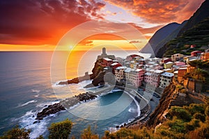 A serene and picturesque sunset scene showcases a charming village nestled on the coastline, Vernazza village and stunning sunrise