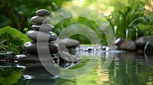A serene pile of smooth stones balanced in a forest stream with lush greenery in soft focus in the background.