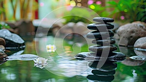 A serene pile of smooth stones balanced in a forest stream with lush greenery in soft focus in the background.