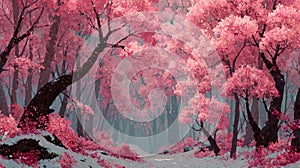 Serene Pink Cherry Blossom Forest Pathway in Springtime Beauty