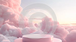 Serene pink podium in a cloudy dreamscape