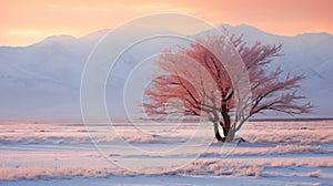 Serene Pink Tree In Snow With Majestic Mountains - National Geographic Inspired Photo