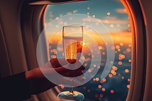 Serene plane window view turquoise sky, deep blue hues, and elegant champagne glass in soft light